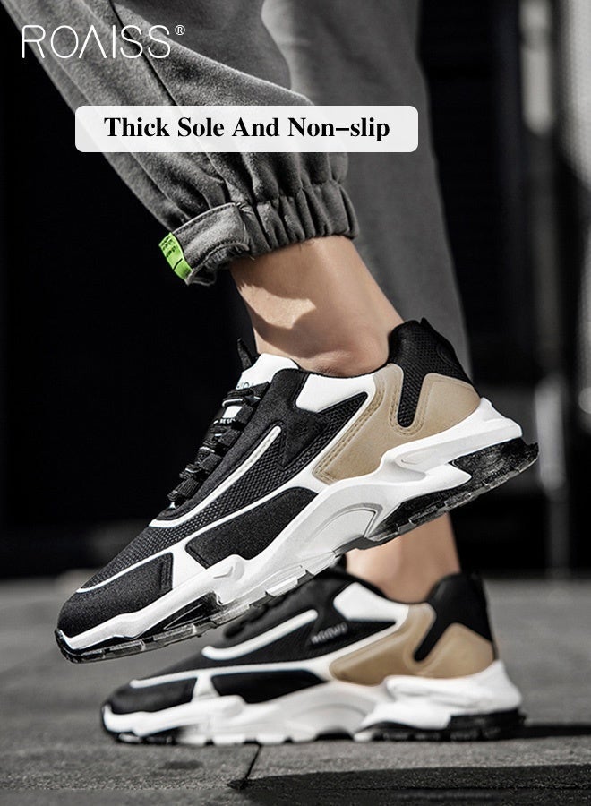 roaiss Men's Stylish Sneakers, Lace up Low Top Sneakers with Soft Lining, Non Slip Trainers, Breathable Lightweight Running Shoes for Men, Suitable for Daily Wear and Outdoor Activities Black White and Brown Color Blocking - Image 2